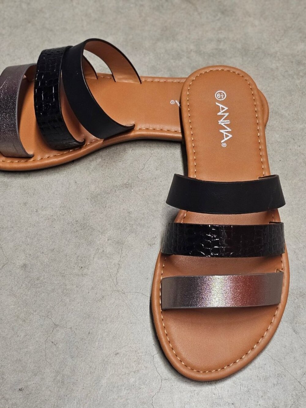 Womens Multi-Strap Slide Sandals With Faux Leather In Black Metallic & Croc-Embo - Picture 5 of 9